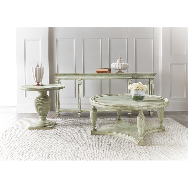 Bowery Hill Round Cocktail Table in Pistachio Pine Wood with Twist Leg Design