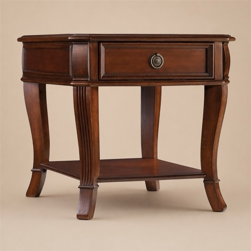 Bowery Hill Wooden End Table with Drawer and Shelf in Brown Cherry