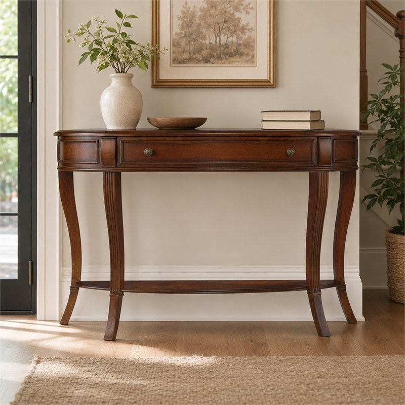 Bowery Hill Wooden Sofa Table with Drawer and Shelf in Cherry Finish