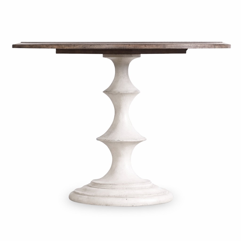 Bowery Hill Round Pedestal Dining Table in Walnut and Distressed White