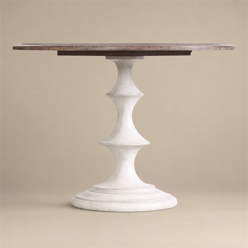 Bowery Hill Round Pedestal Dining Table in Walnut and Distressed White
