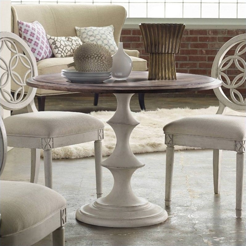 Bowery Hill Round Pedestal Dining Table in Walnut and Distressed White