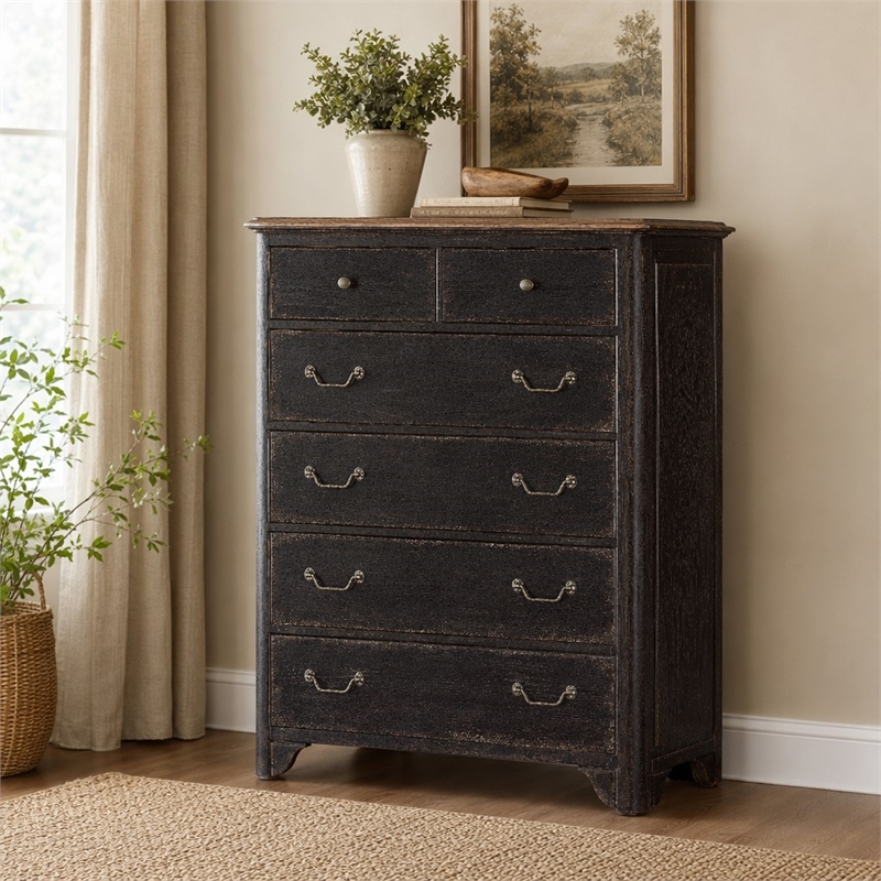 Bowery Hill 6-Drawer Chest in Distressed Black and Brown Finish