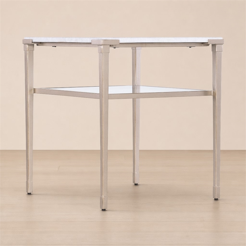 Bowery Hill Rectangle End Table with White Stone Top and Tapered Metal Legs