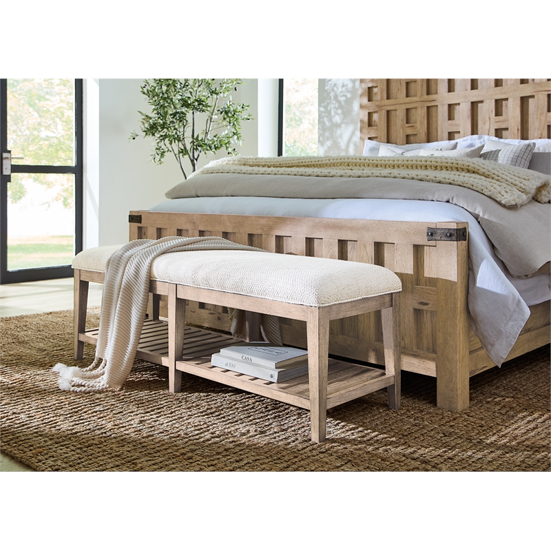 Bowery Hill Vineyard Row Upholstered Bed Bench in Beige Wood