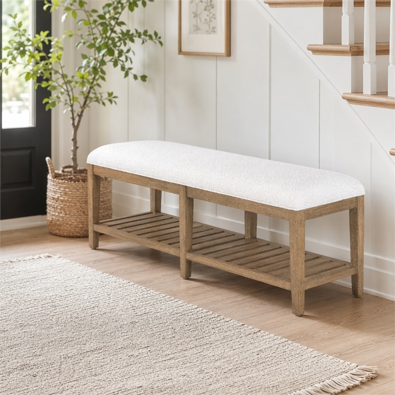 Bowery Hill Vineyard Row Upholstered Bed Bench in Beige Wood