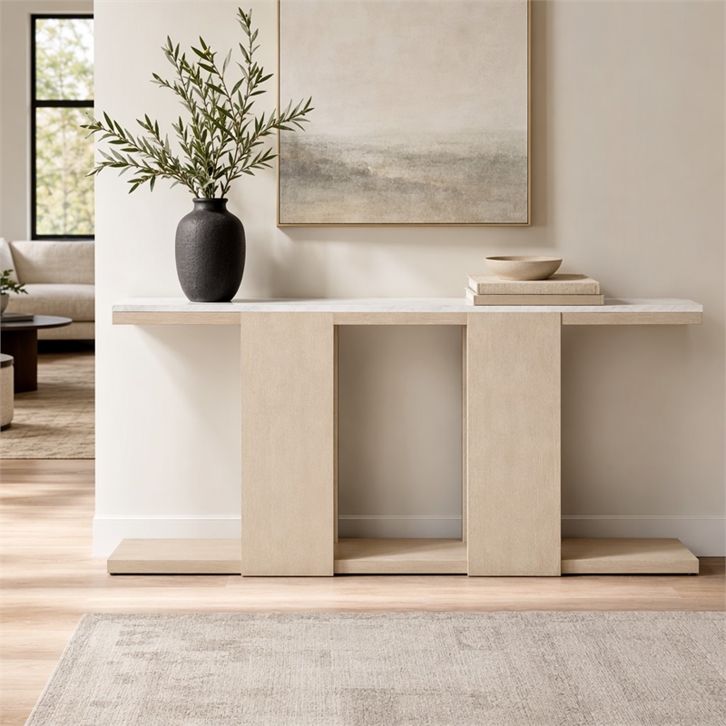Bowery Hill Console Table Stone Top Natural Wood Base Rectangular Shape