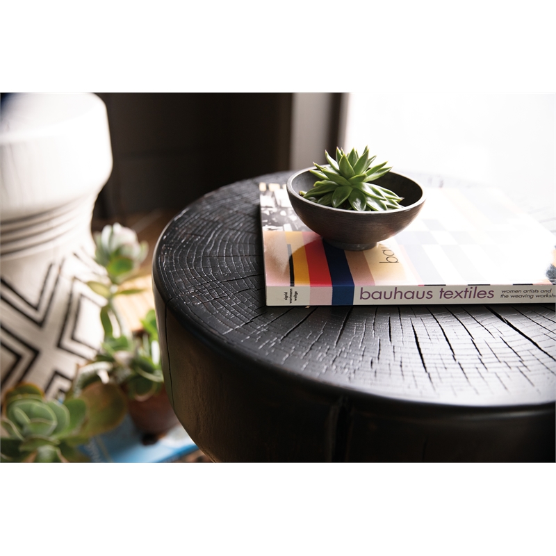 Bowery Hill Carved Resin Stump Side Table in Black with Geometric Design