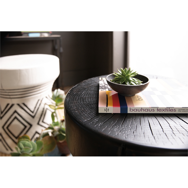 Bowery Hill Carved Resin Stump Side Table in Black with Geometric Design