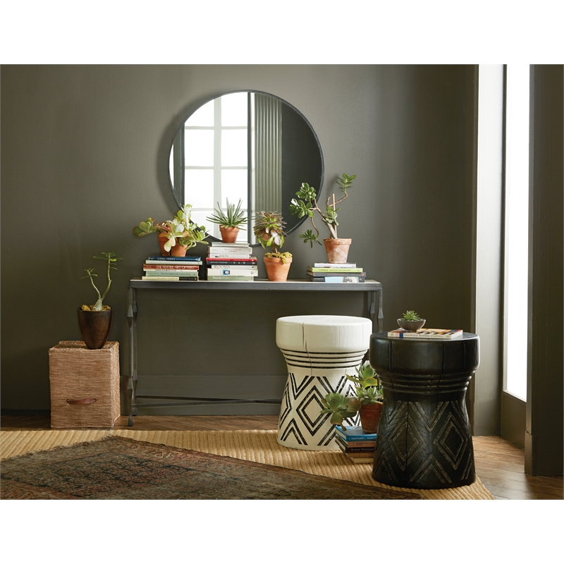 Bowery Hill Carved Resin Stump Side Table in Black with Geometric Design