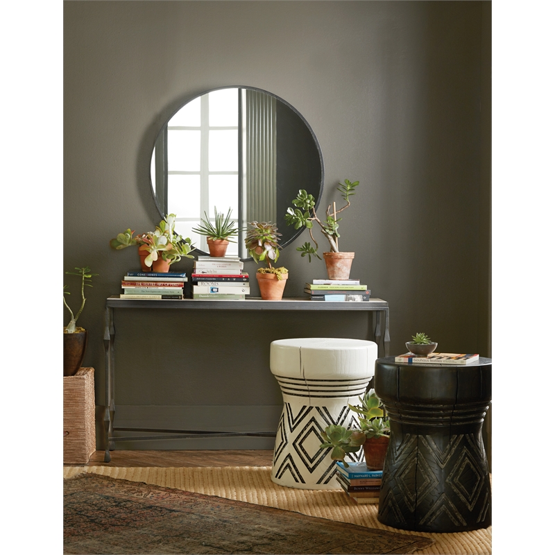 Bowery Hill Carved Resin Stump Side Table in Black with Geometric Design