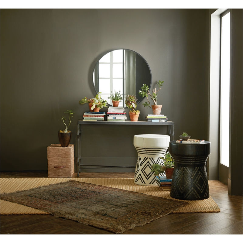 Bowery Hill Carved Resin Stump Side Table in Black with Geometric Design