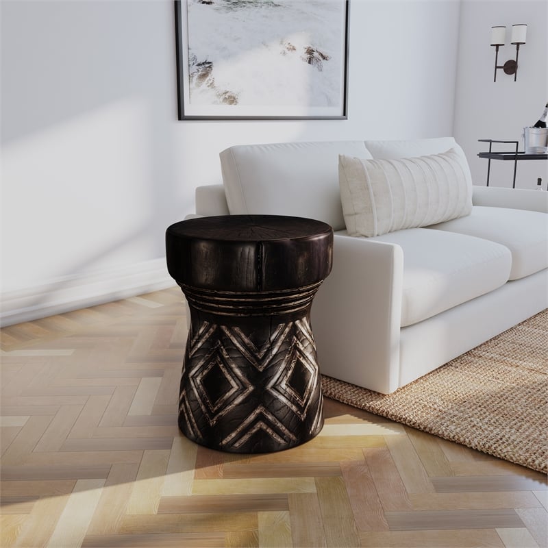 Bowery Hill Carved Resin Stump Side Table in Black with Geometric Design