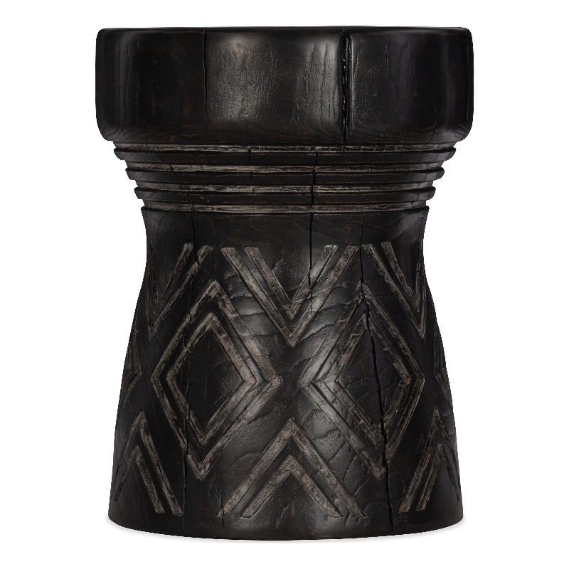Bowery Hill Carved Resin Stump Side Table in Black with Geometric Design