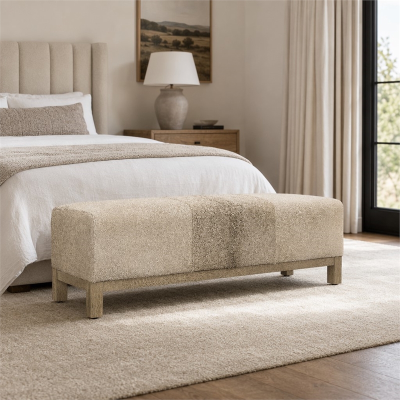 Bowery Hill Hair-On-Hide Leather Bench with Oak Base in Brown