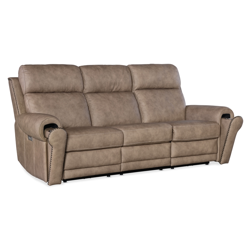 Bowery Hill Duncan Leather Power Recline Sofa in Brown with USB Port