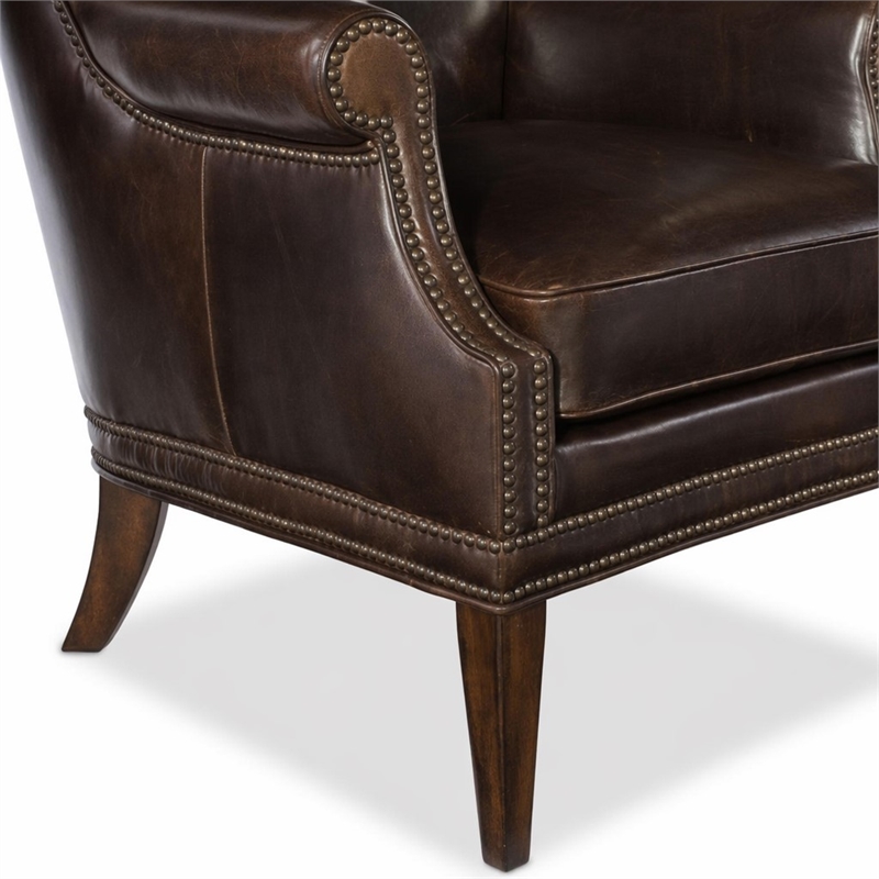 Bowery Hill Maya Brown Leather Wing Accent Chair with Nailhead Trim