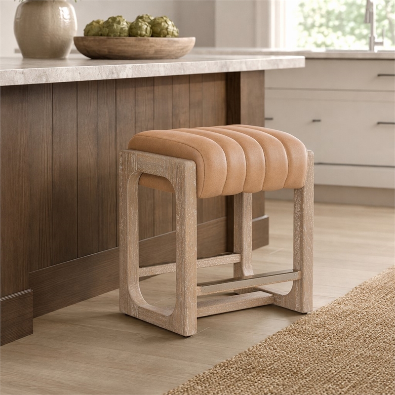 Bowery Hill Counter Stool in Brown Leather with Brass Footrest