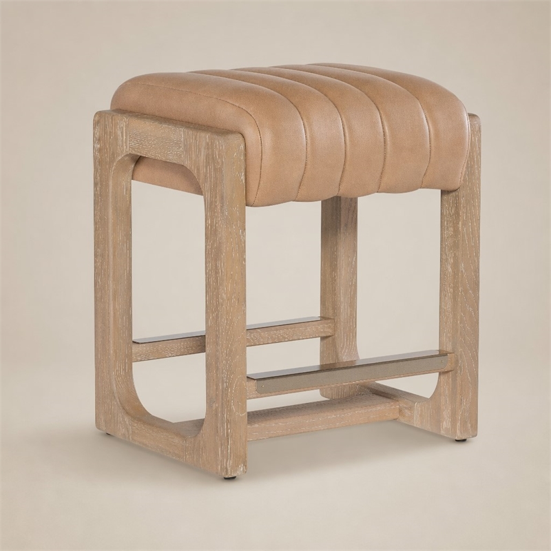 Bowery Hill Counter Stool in Brown Leather with Brass Footrest
