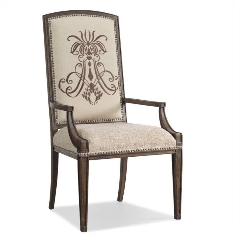 Bowery Hill Embroidered Arm Dining Chair in Rustic Walnut with Ecru Seat