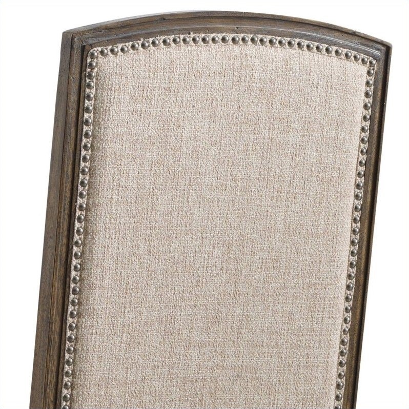 Bowery Hill Embroidered Arm Dining Chair in Rustic Walnut with Ecru Seat