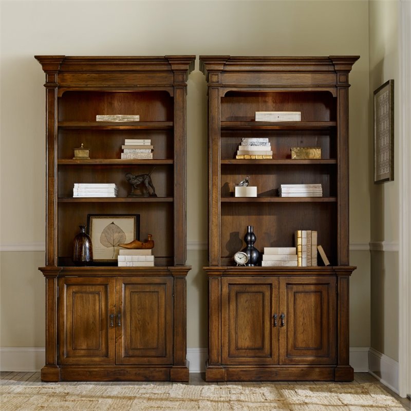 Bowery Hill 4 Shelf Lighted Bookcase with 2 Doors in Pecan Finish