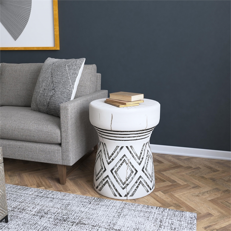 Bowery Hill Round Carved Resin Stump End Table in Creamy White