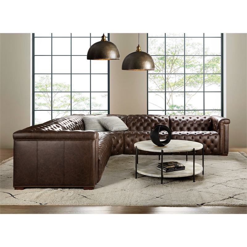 Bowery Hill 5 Seat Leather Sectional with 3 Power Recliners in Brown