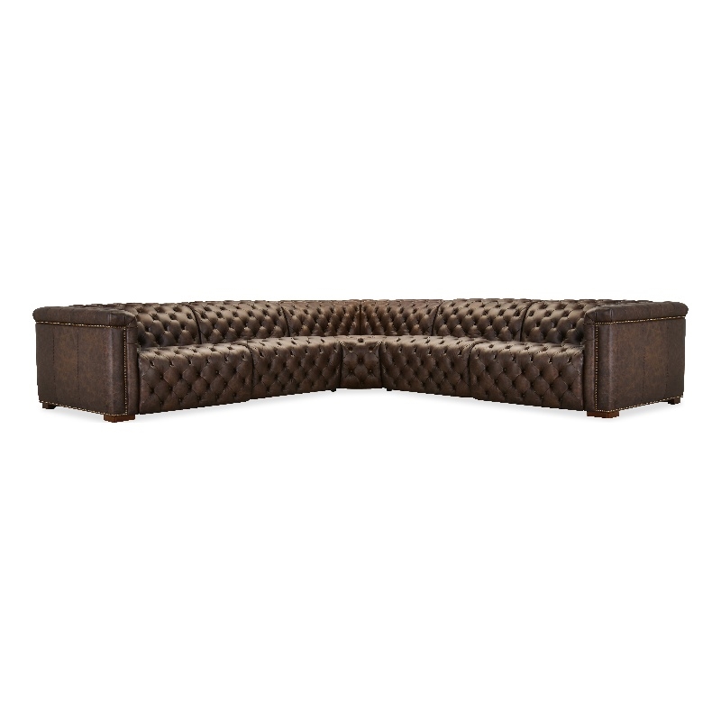 Bowery Hill 5 Seat Leather Sectional with 3 Power Recliners in Brown