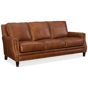 Bowery Hill Stationary Aniline Leather Sofa with Nailheads in Brown