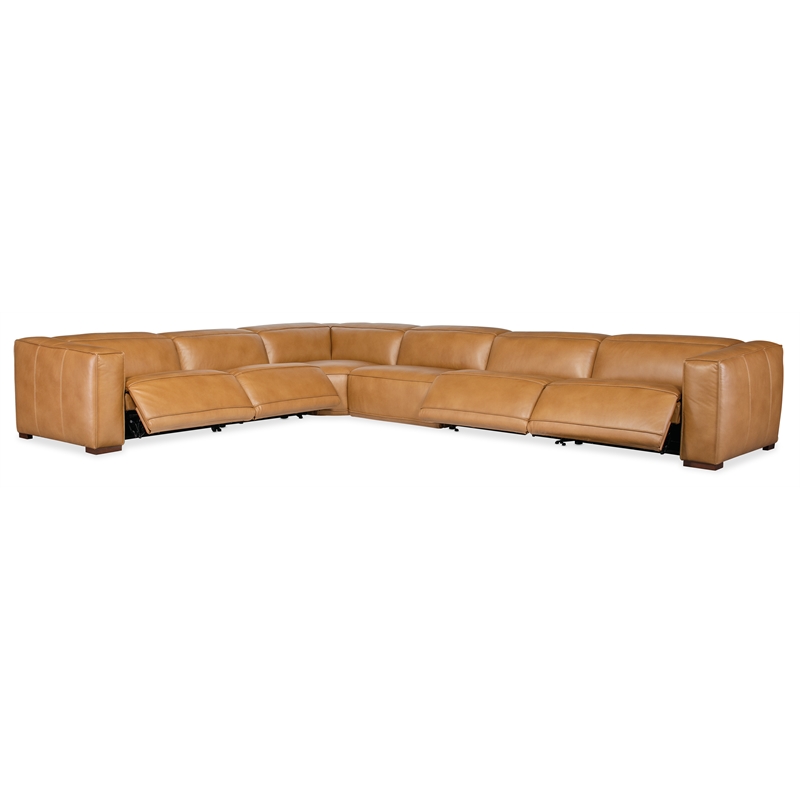 Bowery Hill 6 Seat Brown Leather Power Recline Sectional with Wedge