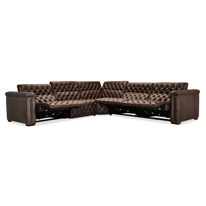 Bowery Hill 5 Seat Leather Sectional with 4 Power Recliners in Brown