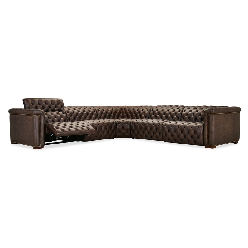 Bowery Hill 5 Seat Leather Sectional with 4 Power Recliners in Brown