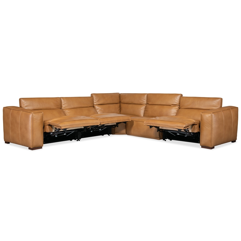 Bowery Hill 5 Seat Brown Leather Power Recline Sectional with Wedge