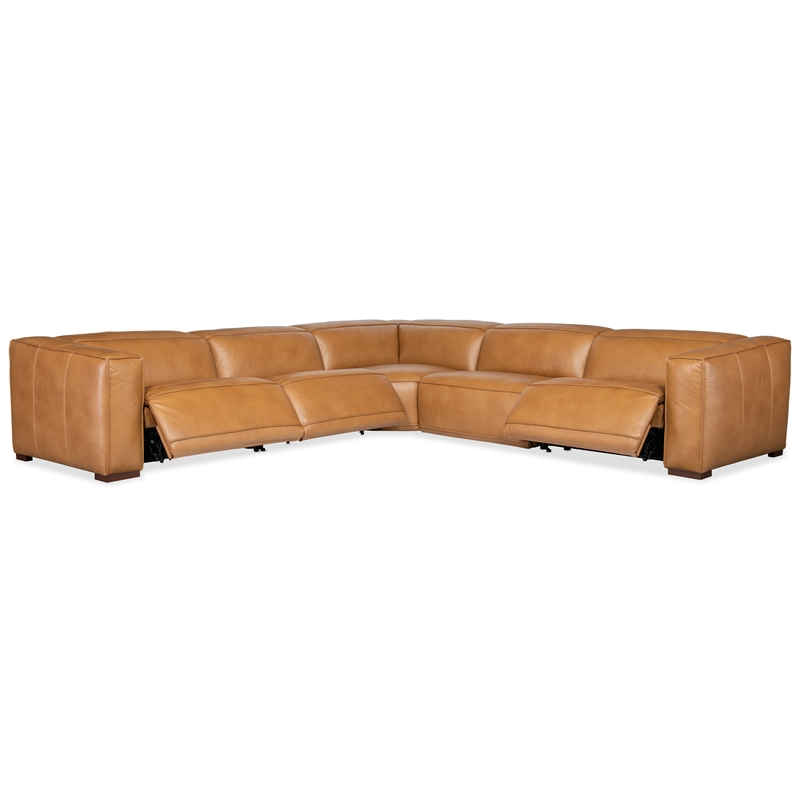 Bowery Hill 5 Seat Brown Leather Power Recline Sectional with Wedge
