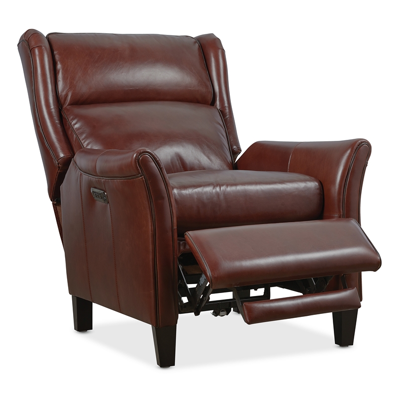 Bowery Hill Wingback Power Recliner with Headrest in Burgundy Leather
