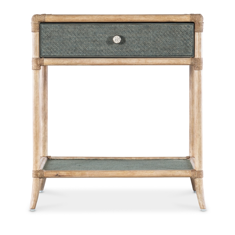 Bowery Hill Pole Rattan Bedside Table in Dune Beige and Lagoon Green