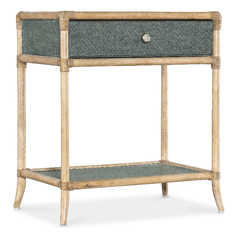 Bowery Hill Pole Rattan Bedside Table in Dune Beige and Lagoon Green