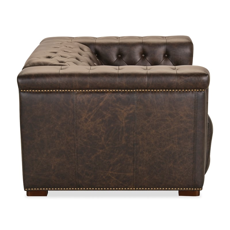 Bowery Hill Chesterfield Power Recliner with Headrest in Brown Leather
