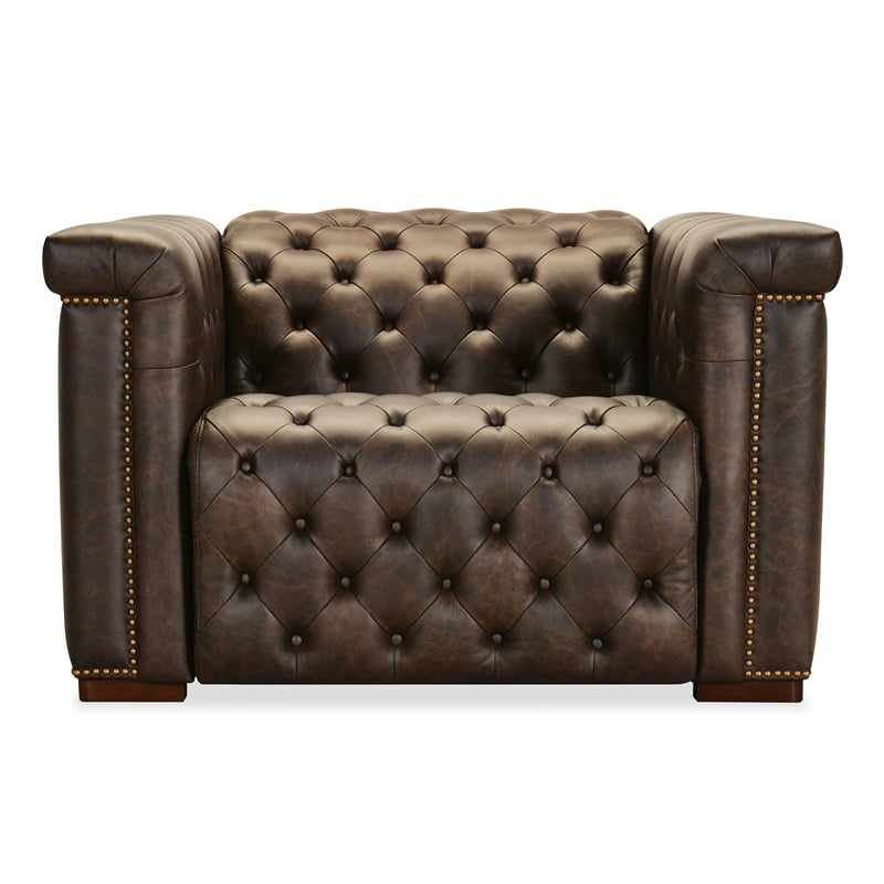 Bowery Hill Chesterfield Power Recliner with Headrest in Brown Leather