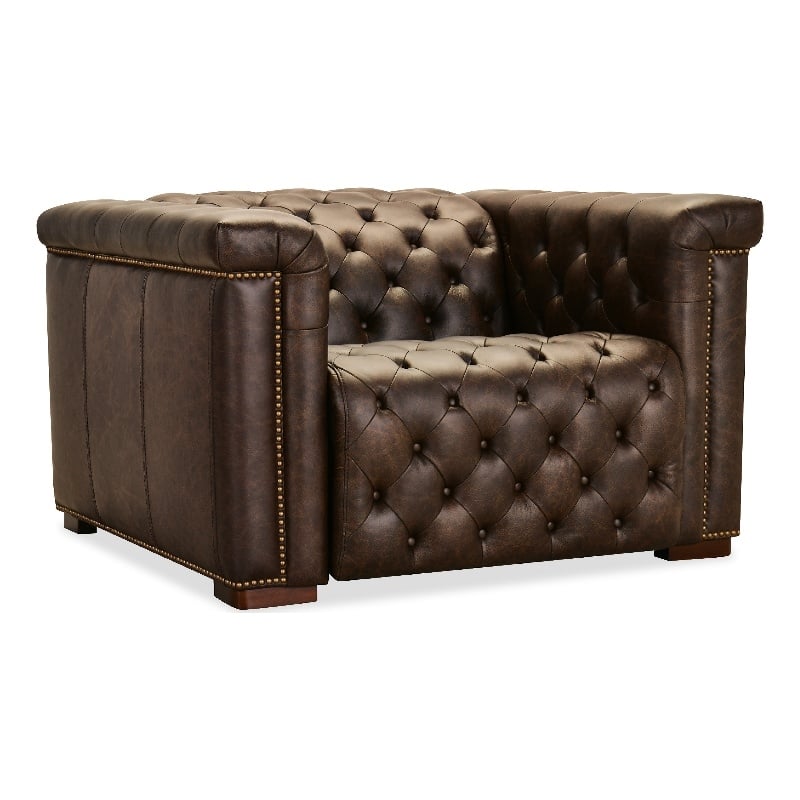 Bowery Hill Chesterfield Power Recliner with Headrest in Brown Leather