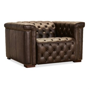Bowery Hill Chesterfield Power Recliner with Headrest in Brown Leather