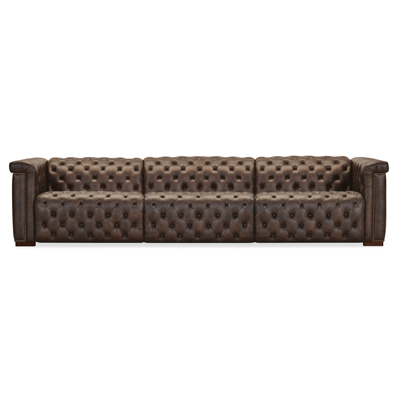 Bowery Hill 3 Seat Leather Sofa with 2 Power Recliners in Brown