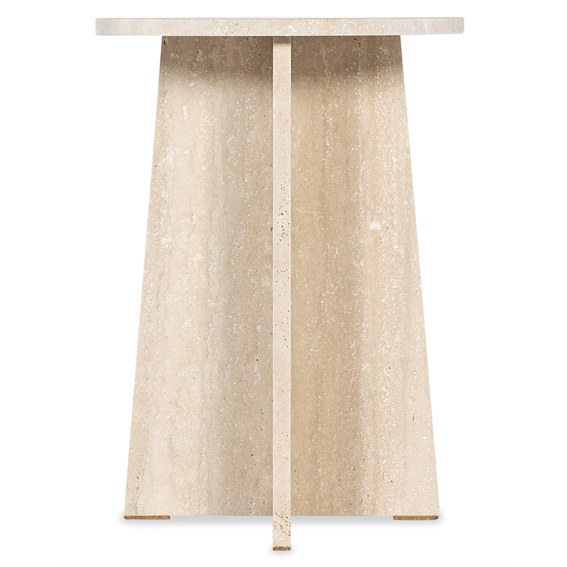 Bowery Hill Round Travertine Pedestal Spot Table in Cream Honed Stone