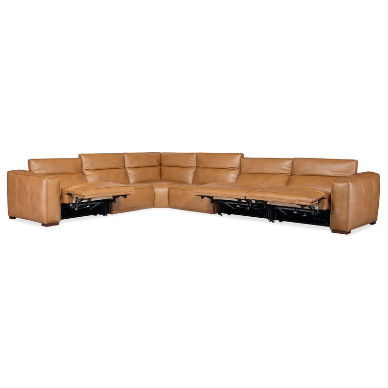 Bowery Hill 6 Seat Brown Leather Power Recline Sectional with Corner Wedge