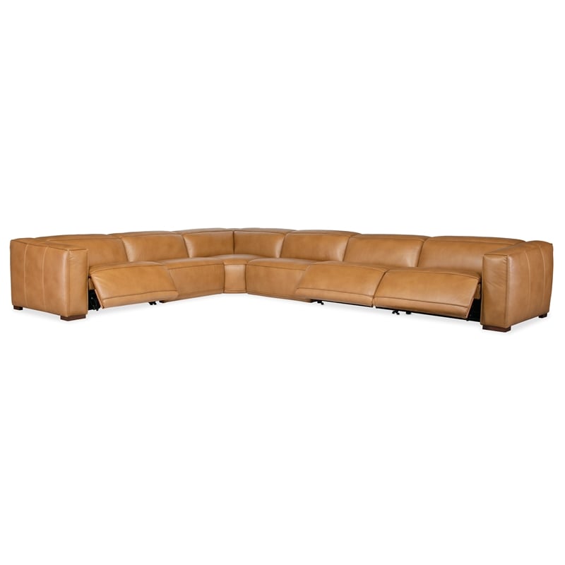 Bowery Hill 6 Seat Brown Leather Power Recline Sectional with Corner Wedge
