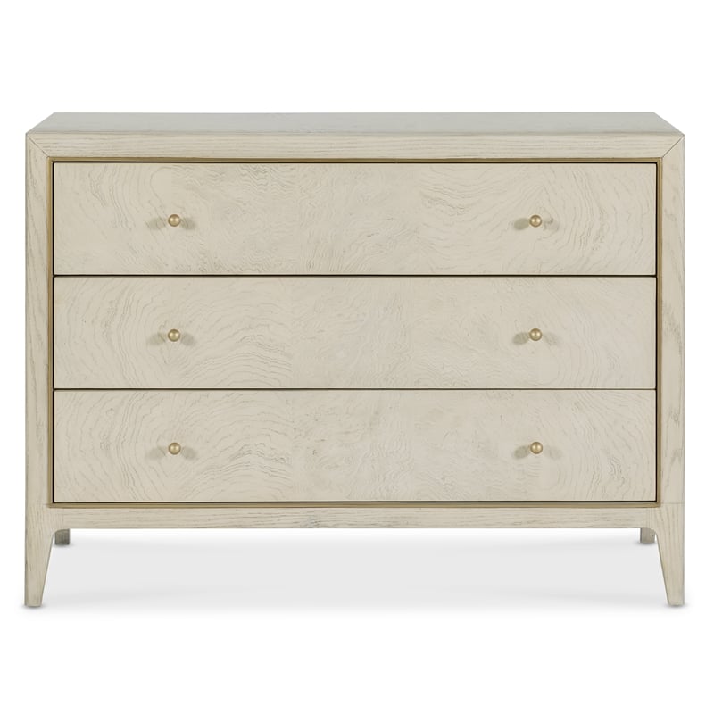 Bowery Hill 3 Drawer Ash Burl Chest in Light Greige and Gold Trim