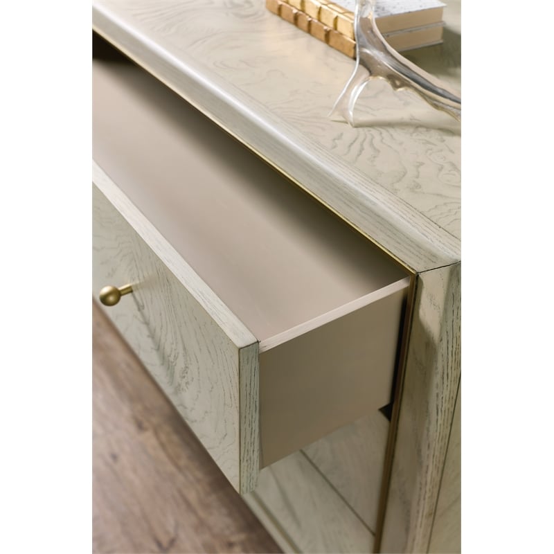Bowery Hill 3 Drawer Ash Burl Chest in Light Greige and Gold Trim