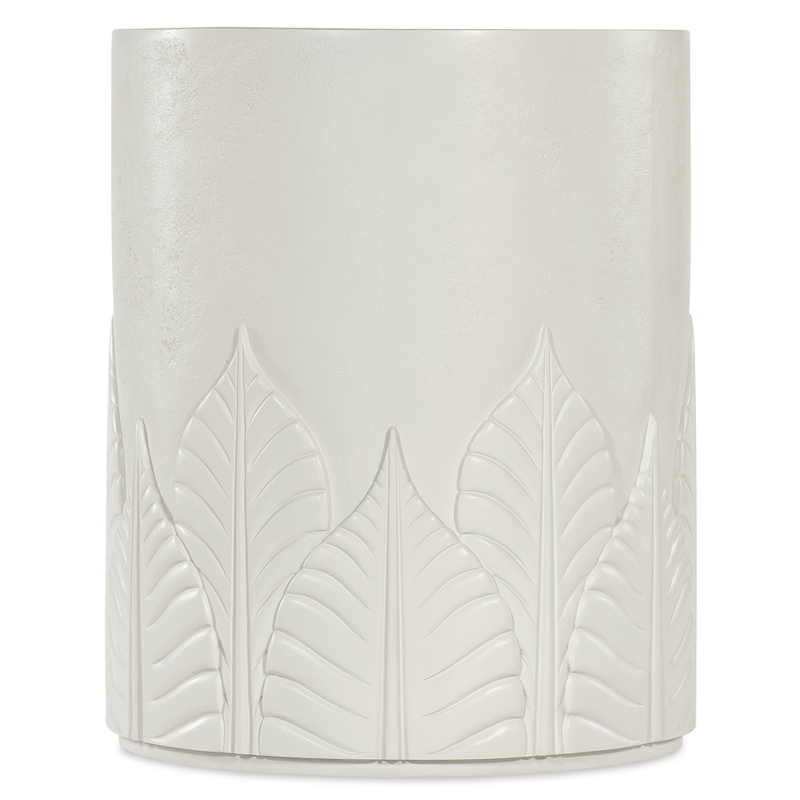 Bowery Hill Round End Table with Embossed Leaf Motif in White Wood