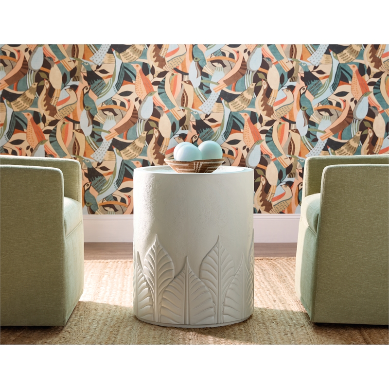 Bowery Hill Round End Table with Embossed Leaf Motif in White Wood